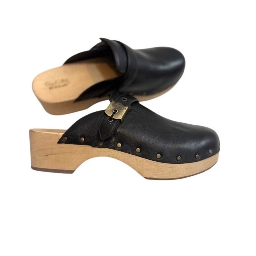 Dr. Scholl's Black Leather Studded Clog Mules with Wood Platform